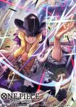  1boy blonde_hair blue_eyes cavendish commentary_request copyright_name frilled_shirt frills glint hat_feather holding holding_sword holding_weapon long_hair looking_at_viewer male_focus official_art one_piece one_piece_card_game phima shirt smile solo sparkle star_(symbol) star_print sword weapon 