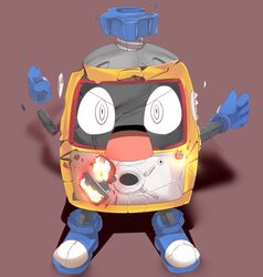  blue_nails brown_background commentary_request full_body heybot! heybot_(character) lets0020 looking_at_viewer no_humans object_through_head open_mouth ringed_eyes robot screw_in_head shoes solo v-shaped_eyebrows white_eyes 