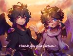  2boys angel angel_wings black_hair blue_eyes brown_hair dark_pit hand_on_another&#039;s_shoulder kid_icarus kid_icarus_uprising laurel_crown looking_at_viewer male_focus multiple_boys one_eye_closed pit_(kid_icarus) red_eyes signature tears thank_you vambraces wings wiping_tears yunalunaarts 