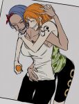  2girls ^_^ arm_tattoo blue_hair closed_eyes commentary cowboy_shot food fruit green_tank_top hand_on_own_hip highres holding holding_food hug hug_from_behind mandarin_orange multiple_girls nami_(one_piece) nojiko one_piece open_mouth orange_hair rokurnshu003 short_hair shorts sidelocks symbol-only_commentary tank_top tattoo white_tank_top 