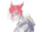  1boy 1other blush braid cloak crystal_exarch final_fantasy final_fantasy_xiv from_side g&#039;raha_tia holding_hands hood hood_down hooded_cloak long_hair male_focus material_growth miqo&#039;te pov pov_hands red_eyes redhead simple_background slit_pupils smile solo_focus tladpwl03 white_background 