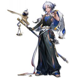  1boy ahoge arknights baggy_pants bird bird_boy black_gloves black_pants black_tank_top blue_gemstone blue_hair bodypaint book bracelet check_weapon coin dark-skinned_male dark_skin earrings elbow_gloves falcon feather_hair fingerless_gloves gem gloves gold_armlet gold_belt gold_bracelet gold_coin highres holding holding_clothes holding_jacket holding_polearm holding_weapon jacket jewelry kang_yiqian_(self_cultivation) light_blue_hair long_hair looking_at_viewer multicolored_clothes multicolored_jacket necklace official_art pants polearm sand_reckoner_(arknights) sandals scroll simple_background single_elbow_glove solo sparkle standing tachi-e tank_top transparent_background two-tone_jacket weapon weighing_scale white_jacket winding_key yellow_eyes 