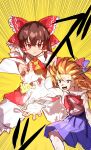  2girls absurdres ascot bangs_blown_up blush bow brown_eyes brown_hair brown_horns closed_mouth cookie_(touhou) dragon_ball dragon_ball_z father-son_kamehameha feet_out_of_frame frilled_bow frilled_hair_tubes frills hair_between_eyes hair_bow hair_tubes hakurei_reimu highres horns ibuki_suika japanese_clothes kamehameha_(dragon_ball) kanna_(cookie) long_bangs looking_at_viewer medium_hair miko multiple_girls oni open_mouth orange_hair red_bow red_shirt scene_reference shirt short_hair shorts simple_background sound_effects speed_lines spiky_hair tirano_tenchou touhou v-shaped_eyebrows white_shorts yamin_(cookie) yellow_ascot yellow_background 