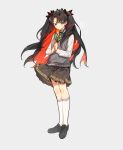  1girl alternate_costume black_hair breasts collared_shirt colored_inner_hair fate/grand_order fate_(series) flower full_body holding ishtar_(fate) kabutomushi_s kneehighs long_hair long_sleeves looking_at_viewer multicolored_hair parted_bangs pleated_skirt redhead ribbon shirt skirt socks solo space_ishtar_(fate) sweater_vest two-tone_hair two_side_up vest white_shirt 