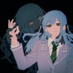  2girls bang_dream! bang_dream!_it&#039;s_mygo!!!!! black_background black_ribbon blue_hair chinese_commentary closed_mouth collared_shirt commentary_request dual_persona expressionless green_necktie grey_jacket hair_ribbon hand_on_another&#039;s_shoulder haneoka_school_uniform highres holding_another&#039;s_wrist jacket long_hair long_sleeves looking_at_viewer multiple_girls necktie ribbon sailor_collar school_uniform shirt simple_background togawa_sakiko tsukinomori_school_uniform two_side_up upper_body wakaba_mutsumi white_sailor_collar white_shirt xmyishipi yellow_eyes 