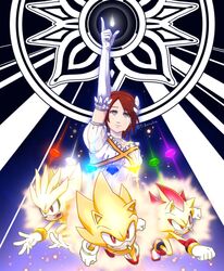  1girl 3boys arm_up chaos_emerald chiba_tsukasa clenched_hand dress fire furry furry_male gloves grey_eyes looking_at_viewer multiple_boys open_mouth princess_elise_the_third red_eyes redhead shadow_the_hedgehog short_hair silver_the_hedgehog sonic_(series) sonic_the_hedgehog sonic_the_hedgehog_(2006) super_shadow super_silver super_sonic tears white_dress white_fire white_gloves 