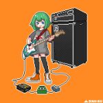  1girl ampeg amplifier artist_name bass_guitar black_thighhighs blue_eyes cable closed_mouth effects_pedal full_body green_hair grey_shirt hashtag-only_commentary highres instrument looking_at_viewer medium_hair music orange_background orange_footwear original outline oversized_clothes oversized_shirt pixel_art playing_instrument shirt shoes short_sleeves simple_background snkak_(snkakdot) solo standing t-shirt thigh-highs white_outline 