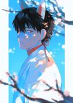  1boy animal_ears black_hair blue_sky cherry_blossoms closed_mouth expressionless from_side hair_between_eyes highres iyanhoho japanese_clothes looking_at_viewer male_focus original red_eyes short_hair signature sky slit_pupils solo tree upper_body 