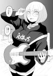 1girl :d absurdres claw_pose fang glasses greyscale guitar hadashi_no_kenji hand_up highres holding holding_guitar holding_instrument hood hood_down hoodie instrument long_sleeves looking_at_viewer medium_hair monochrome original outdoors sanpaku smile solo speech_bubble standing thigh-highs 