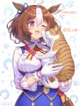 1girl 1other :3 ahoge animal animal_ears blue_dress blush breasts brown_hair cat cat_on_person dress ear_ribbon gloves hair_between_eyes hairband hand_on_another&#039;s_cheek hand_on_another&#039;s_face highres holding holding_animal holding_cat horse_ears horse_girl horseshoe_print large_breasts long_sleeves meisho_doto_(umamusume) meto_(cat) multicolored_hair one_eye_closed open_mouth pink_hairband shirt short_hair suga_masashi tail translation_request two-tone_hair umamusume violet_eyes whiskers white_gloves white_hair 