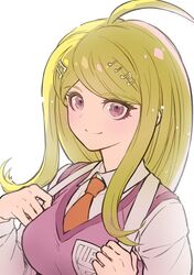  1girl ahoge akamatsu_kaede blonde_hair breasts collared_shirt danganronpa_(series) danganronpa_v3:_killing_harmony hair_ornament highres large_breasts long_hair long_sleeves looking_at_viewer musical_note musical_note_hair_ornament necktie orange_necktie pink_sweater_vest shirt smile sweater_vest white_shirt youko-shima 