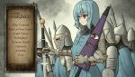  1girl 6+others absurdres allcy49 armor blue_eyes blue_hair chainmail crossover english_text gauntlets helm helmet heterochromia highres holding holding_sword holding_umbrella holding_weapon karakasa_obake knight medieval mount_&amp;_blade multiple_others pauldrons polearm red_eyes shoulder_armor spear sword tatara_kogasa touhou umbrella user_interface weapon 