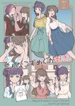  2girls :o ;d =_= ^_^ applying_makeup aqua_neckerchief behind_another blue_skirt blush brown_dress brown_hair closed_eyes closed_mouth clothing_cutout collarbone collared_dress collared_shirt commentary_request cosmetics cover cover_page doujin_cover dress english_text false_smile flower frilled_shirt frills fujishima_megumi green_eyes hair_bun hair_flower hair_ornament hair_pulled_back hasu_no_sora_school_uniform heart highres holding holding_drawing holding_lipstick_tube horns_pose link!_like!_love_live! lipstick_tube liz_(piyoko_piyop) long_hair long_sleeves looking_at_another love_live! medium_skirt mixed-language_text multiple_girls multiple_views neckerchief off-shoulder_shirt off_shoulder official_alternate_costume one_eye_closed open_mouth otomune_kozue pink_shirt pink_sweater_vest pleated_dress pleated_skirt polka_dot puffy_short_sleeves puffy_sleeves purple_hair red_flower sailor_collar sailor_dress school_uniform shirt short_sleeves shoulder_cutout side_ponytail sidelocks single_side_bun skirt small_sweatdrop smile sparkle split_mouth summer_uniform sweater_vest two_side_up v-shaped_eyebrows violet_eyes white_dress white_sailor_collar white_shirt wide_sleeves winter_uniform yellow_shirt 