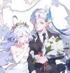  1boy 1girl ahoge black_suit blue_hair bouquet closed_eyes couple crown dress elbow_gloves furina_(genshin_impact) genshin_impact gloves hair_between_eyes highres holding holding_another&#039;s_arm holding_bouquet light_blue_hair long_hair looking_at_viewer multicolored_hair neuvillette_(genshin_impact) open_mouth pointy_ears short_hair sidelocks simple_background sleeveless sleeveless_dress smile streaked_hair suit sweatdrop two-tone_hair wedding wedding_dress white_background white_gloves white_hair xuemen 