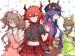  4girls :p alternate_costume amiya_(arknights) animal_ears arknights bespectacled black_hat black_shirt blue_eyes blue_hair blueberry book bracelet brown_hair brown_shorts buttons ch&#039;en_(arknights) closed_mouth commentary cowboy_shot demon_horns dragon_horns dress drink eyjafjalla_(arknights) food fruit glasses gradient_hair green_dress green_hat hat holding holding_book holding_drink horns horns_through_headwear infection_monitor_(arknights) jacket jewelry kiwi_(fruit) long_hair looking_at_viewer maguro_kan midriff multicolored_hair multiple_girls multiple_rings open_mouth orange_(fruit) parted_lips pinafore_dress pink_dress pink_eyes plaid plaid_skirt puffy_short_sleeves puffy_sleeves purple_jacket red_eyes red_skirt redhead ring sheep_ears sheep_horns shirt short_sleeves shorts side_ponytail sidelocks simple_background skirt sleeveless sleeveless_dress smile strawberry surtr_(arknights) surtr_(liberte_echec)_(arknights) symbol-only_commentary tongue tongue_out white_background white_shirt 