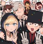 4boys 5girls :3 absurdres alice_lendrott arm_up bare_legs bare_shoulders beak black_dress black_jacket black_necktie blonde_hair blue_eyes blue_ribbon blush bocchan_(shinigami_bocchan_to_kuro_maid) bonnet brown_hair burning caph chain chain_necklace collared_shirt confetti daleth_(shinigami_bocchan_to_kuro_maid) dress everyone eyepatch facial_hair fur_trim gloves grey_hair hand_up hands_up happy_tears hat heart heart-shaped_pupils heart_hands highres horns inoue_koharu jacket jewelry light_blush light_smile long_hair long_sleeves looking_at_another looking_at_viewer middle_w multiple_boys multiple_girls mustache necklace necktie no_mouth nun off-shoulder_dress off_shoulder old old_man open_mouth pants pendant red_eyes red_shirt redhead ribbon rob_(shinigami_bocchan_to_kuro_maid) sade_(shinigami_bocchan_to_kuro_maid) sanpaku shinigami_bocchan_to_kuro_maid shirt short_hair sweatdrop swept_bangs symbol-shaped_pupils teardrop tears top_hat twintails viola_(shinigami_bocchan_to_kuro_maid) w walter_(shinigami_bocchan_to_kuro_maid) white_background white_dress white_gloves white_jacket white_pants white_shirt white_veil wrinkled_skin zain_(shinigami_bocchan_to_kuro_maid) 