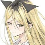  1girl animal_ear_fluff animal_ears black_hair blonde_hair blush cat_ears cat_girl closed_mouth collared_shirt commentary_request daydreamer023 extra_ears genderswap genderswap_(mtf) haikyuu!! kemonomimi_mode kozume_kenma light_smile long_hair looking_at_viewer multicolored_hair portrait shirt sidelocks simple_background smile solo two-tone_hair white_background white_shirt yellow_eyes 