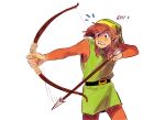  1boy arrow_(projectile) belt black_belt bow_(weapon) brown_hair brown_pants brown_shirt commentary cowboy_shot drawing_bow english_commentary fingernails flying_sweatdrops green_hat green_tunic grimace hat highres holding holding_bow_(weapon) holding_weapon link long_sleeves male_focus pants pointy_ears shirt short_hair solo the_legend_of_zelda the_legend_of_zelda_(nes) weapon white_background yasmeen 
