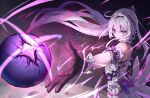  1girl absurdres backless_dress backless_outfit black_gloves black_hairband blue_eyes blurry blurry_background chinese_commentary cocoon_of_finality_(honkai_impact) commentary_request covered_mouth dress gloves gradient_hair hair_between_eyes hair_ornament hairband highres honkai_(series) honkai_impact_3rd kiana_kaslana kiana_kaslana_(herrscher_of_finality) long_hair looking_at_another moon multicolored_hair o-ring_dress pink_pupils purple_hair purple_hands side_ahoge sidelocks space star-shaped_pupils star_(symbol) symbol-shaped_pupils very_long_hair white_dress white_hair xiongmao 