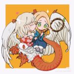  2girls ambrosia_(dungeon_meshi) bird_wings blonde_hair blue_dress border braid bright_pupils chibi chibi_only chimera chinese_commentary choker claws closed_eyes commentary_request dragon_tail dress dungeon_meshi elf falin_touden falin_touden_(chimera) feathered_wings full_body green_eyes grey_footwear heart highres holding holding_staff interspecies marcille_donato medium_hair monster_girl multiple_girls orange_background outside_border pointy_ears red_choker scales short_hair simple_background sitting sitting_on_person smile staff tail taur twin_braids walking_mushroom_(dungeon_meshi) wavy_mouth white_border white_pupils white_wings wings xunyu_(tufu0480) yuri 