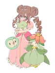  1girl blue_eyes bright_pupils choker double_bun dress drill_hair gloves hair_between_eyes hair_bun highres holding holding_stuffed_toy lilligant long_hair n29670007 no_nose pink_choker pink_dress pokemon pokemon_(creature) pokemon_bw2 puffy_short_sleeves puffy_sleeves rosa_(pokemon) short_sleeves simple_background solosis stuffed_toy substitute_(pokemon) tiara twin_drills white_background white_gloves white_pupils 