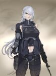  1girl ak-15 ak-15_(girls&#039;_frontline) armor assault_rifle commission cowboy english_commentary girls_frontline grey_hair gun hair_over_one_eye handgun highres holding holding_gun holding_weapon holster holstered kalashnikov_rifle long_hair looking_at_viewer midriff navel parted_lips pouch rifle seilindekos simple_background solo straight-on tactical_clothes thigh_holster violet_eyes weapon 
