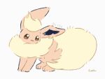  :3 artist_name blonde_hair brown_eyes closed_mouth commentary_request emofuru_(vktd5442) flareon flat_color full_body grey_background happy highres looking_to_the_side neck_fur partial_commentary pokedex_number pokemon pokemon_(creature) short_hair signature simple_background sitting sketch smile white_background 