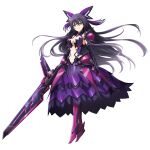  1girl alternate_costume armor armored_dress bow breasts closed_mouth dark_persona date_a_live dress full_body hair_bow long_hair medium_breasts official_art overlord_(maruyama) purple_dress purple_hair solo sword v-shaped_eyebrows violet_eyes weapon yatogami_tenka 