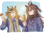  2girls ^_^ ahoge animal_ears black_coat brown_hair closed_eyes closed_mouth coat croquette duramente_(umamusume) fang food hair_ornament hairclip heichicc47 holding holding_food horse_ears jungle_pocket_(umamusume) long_hair long_sleeves multiple_girls notched_ear open_mouth scarf short_hair skewer smile steam sweater umamusume upper_body violet_eyes yellow_sweater 