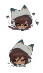  1girl animal_ears brown_eyes brown_hair chibi claws dark-skinned_female dark_skin digging e.g.o_(project_moon) earrings fox_ears highres hood hood_up hoodie jewelry korean_text limbus_company outis_(project_moon) pawpads project_moon raincoat short_hair solo sparkle yippee 