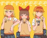  3girls alice_margatroid bag blonde_hair bow brown_hair brown_vest bubble_tea cardigan_vest closed_eyes collared_shirt commentary_request cookie_(touhou) cowboy_shot drinking_straw drinking_straw_in_mouth frilled_bow frilled_hair_tubes frills grey_skirt hair_tubes hairband hakurei_reimu hinase_(cookie) kirisame_marisa long_hair looking_at_another looking_to_the_side medium_bangs medium_hair multiple_girls pleated_skirt red_bow red_hairband reu_(cookie) rikadai school_bag shirt simple_background skirt touhou translation_request uzuki_(cookie) vest white_shirt yellow_background yellow_eyes 