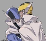  2boys blue_keeper cape gloves grabbing_another&#039;s_chin grey_background grin hand_on_another&#039;s_chin hayaichi_(27hc) helmet highres male_focus multiple_boys scar scar_on_face sentai_dai_shikkaku simple_background smile white_cape white_gloves yellow_keeper 