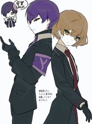  2boys back-to-back black_gloves black_jacket black_sweater blonde_hair closed_mouth collared_shirt cowboy_shot gloves hagan_tw jacket library_of_ruina limbus_company lobotomy_corporation long_sleeves multiple_boys necktie project_moon red_necktie shirt simple_background sinclair_(project_moon) speech_bubble sweater translation_request white_background white_shirt yellow_eyes yesod_(project_moon) 