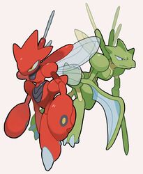  absurdres claws closed_mouth commentary evolutionary_line fang fang_out gogot highres no_humans pincers pokemon pokemon_(creature) scizor scyther standing symbol-only_commentary white_background yellow_eyes 