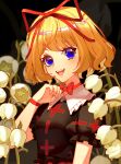  1girl absurdres blonde_hair blue_eyes bow bracelet flower frilled_shirt_collar frilled_sleeves frills hair_bow hair_ribbon highres jewelry lily_of_the_valley looking_at_viewer medicine_melancholy niceguangguang open_mouth puffy_sleeves ribbon shirt short_hair short_sleeves smile solo touhou 