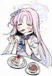  1girl blue_archive blush cake closed_eyes cup dress eating flower food foodgasm fork gradient_hair hair_bun hair_flower hair_ornament halo hand_on_own_cheek hand_on_own_face highres holding holding_fork kurihara_sakura long_hair mika_(blue_archive) multicolored_hair pink_hair plate scrunchie simple_background single_side_bun sketch solo sparkle table teacup very_long_hair white_dress wrist_scrunchie 