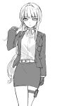  1girl belt collared_shirt cowboy_shot danganronpa_(series) danganronpa_3_(anime) fanren_fancai_qing_gengcai gloves hand_up jacket kirigiri_kyoko long_hair long_sleeves open_clothes open_jacket parted_lips pencil_skirt ponytail shirt shirt_tucked_in sideways_glance skirt solo teeth 