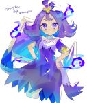  1girl :3 acerola_(pokemon) armlet blush closed_mouth commentary_request dress hair_ornament hairclip hands_on_own_hips highres looking_at_viewer pokemon pokemon_sm purple_dress purple_hair short_hair short_sleeves smile solo sumeragi1101 violet_eyes white_background 