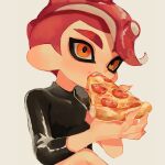  1boy agent_8_(splatoon) asymmetrical_sleeves black_shirt commentary crop_top eating fangs food food_in_mouth food_on_face holding holding_food holding_pizza male_focus midriff navel octoling_boy octoling_player_character orange_eyes pepperoni pizza pizza_slice redhead shirt short_hair solo splatoon_(series) splatoon_2 splatoon_2:_octo_expansion suction_cups tentacle_hair thick_eyebrows uneven_sleeves upper_body white_background ze090 