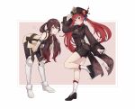  2girls accessories armor bike_shorts blush brown_hair commission commissioner_upload cosplay costume_switch crossover fire_emblem fire_emblem_awakening genshin_impact greaves hat highres hu_tao_(genshin_impact) leaning_forward multiple_girls one_eye_closed red_eyes redhead severa_(fire_emblem) simple_background standing standing_on_one_leg twintails witchi 