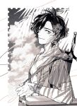  1boy absurdres adam&#039;s_apple bandana_around_arm border closed_mouth clouds collarbone constantine_xi_(fate) cooler earrings fate/grand_order fate_(series) flower greyscale hibiscus highres jacket jewelry looking_at_viewer male_focus monochrome open_clothes open_jacket shooou_0104 short_hair short_sleeves smile solo sword sword_on_back weapon weapon_on_back white_border 