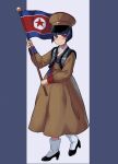  black_footwear blue_eyes blue_hair blunt_bangs blush bob_cut brown_dress brown_hat closed_mouth commentary_request dress flag full_body hat heterochromia high_heels highres holding holding_flag holding_pole inverted_bob korean_clothes kuroussa long_sleeves north_korea_(kuroussa) north_korean_flag original peaked_cap personification pole red_eyes short_hair smile standing white_footwear 