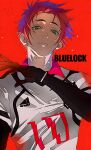  1boy absurdres black_gloves blue_lock bo_toike57 closed_mouth gloves green_eyes highres itoshi_sae looking_at_viewer male_focus pink_hair red_background serious shirt short_hair sidelocks soccer_uniform solo sportswear straight-on sweat sweatdrop upper_body white_shirt 