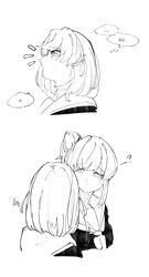  2girls ? absurdres commentary_request crossed_bangs dms dress hair_bun hasu_no_sora_school_uniform highres hinoshita_kaho korean_commentary korean_text link!_like!_love_live! long_hair love_live! medium_hair monochrome multiple_girls neckerchief notice_lines otomune_kozue sailor_collar sailor_dress school_uniform side_ponytail sidelocks single_side_bun speech_bubble thought_bubble translation_request two_side_up virtual_youtuber winter_uniform 