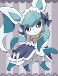  black_bow bow clothed_pokemon glaceon glaceon_(tea_party) grey_background highres komanychi looking_at_viewer maid_headdress no_humans official_alternate_costume pokemon pokemon_(creature) pokemon_unite solo striped_background two-tone_background white_bow 