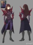  1girl absurdres aged_up armor armored_boots boots brown_hair commentary diooksan english_commentary facing_away full_body gauntlets grey_background hand_on_own_hip highres kagari_atsuko little_witch_academia long_hair looking_at_viewer multiple_views pants purple_pants purple_skirt red_eyes reference_inset reference_sheet shoulder_armor sidelocks signature simple_background skirt standing 