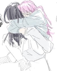  2girls arms_around_neck bang_dream! bang_dream!_it&#039;s_mygo!!!!! black_hair blue_hoodie chihaya_anon closed_eyes commentary_request crying duck_duck hood hoodie hug leg_lock long_hair long_sleeves multiple_girls partially_colored pink_hair shiina_taki tears 