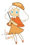  1girl blue_eyes bow capelet cookie_run cream_puff_cookie dress flying_sweatdrops full_body hat holding holding_wand looking_at_viewer orange_capelet orange_dress orange_footwear orange_hat orangekira simple_background socks solo translation_request transparent_background wand white_bow white_hair white_socks 