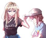  2girls adjusting_clothes adjusting_headwear baseball_cap black_shirt blue_shirt brown_hair closed_eyes collared_shirt commentary girls_band_cry grey_eyes grey_hat hashtag-only_commentary hat hibioes highres iseri_nina jewelry kawaragi_momoka light_brown_hair long_hair looking_at_another multicolored_hair multiple_girls necklace parted_lips roots_(hair) shirt short_sleeves short_twintails simple_background sweatdrop twintails upper_body v-shaped_eyebrows white_background 