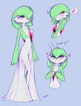  1girl blue_background blueman282 blush colored_skin disembodied_limb dress gardevoir green_hair hair_over_one_eye heart multicolored_skin multiple_views own_hands_together pink_eyes pokemon pokemon_(creature) simple_background smile two-tone_skin white_dress white_skin 